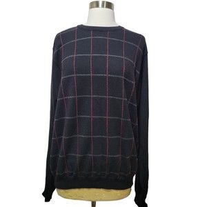Grant Thomas Men Black Plaid Merino Wool Knit Sweater Crew Neck Pullover Medium
